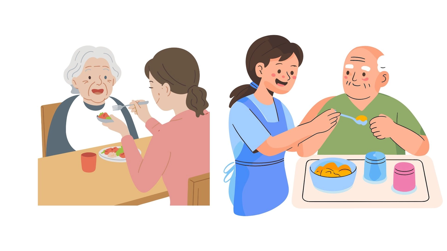 Pflegeengel Monique - Pflege mit Gefühl und Leidenschaft - Illustration, die eine Krankenschwester beim Füttern alter Menschen zeigt