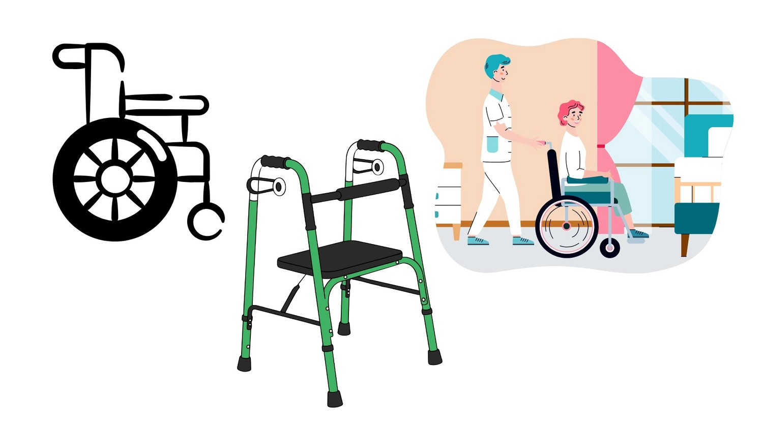 Pflegeengel Monique - Pflege mit Gefühl und Leidenschaft - Illustration, die eine Krankenschwester zeigt, die die ältere Person ins Krankenhaus bringt.